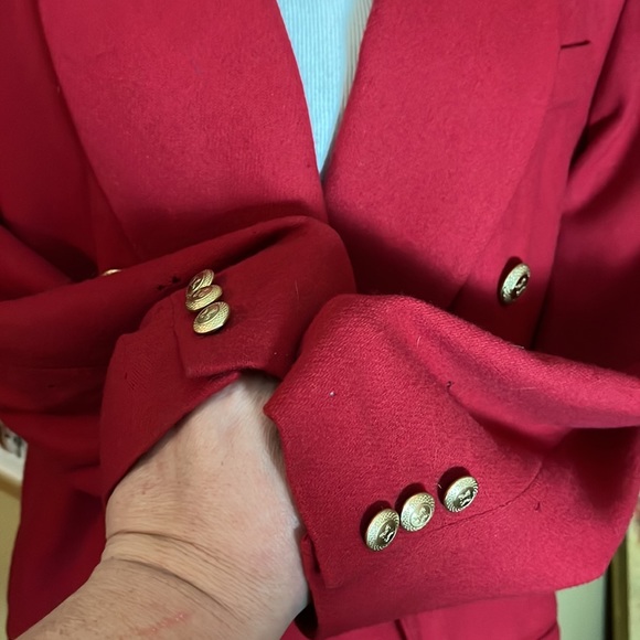 Vtg 80s LAURA SCOTT Size 16 DoubleBreast Blazer Classic Red GoldButton Wool USA - Picture 2 of 13